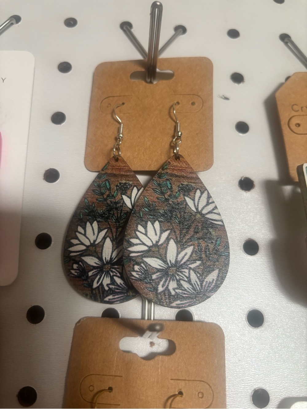 Floral Teardrop Wood Dangle Earrings - Brown & White